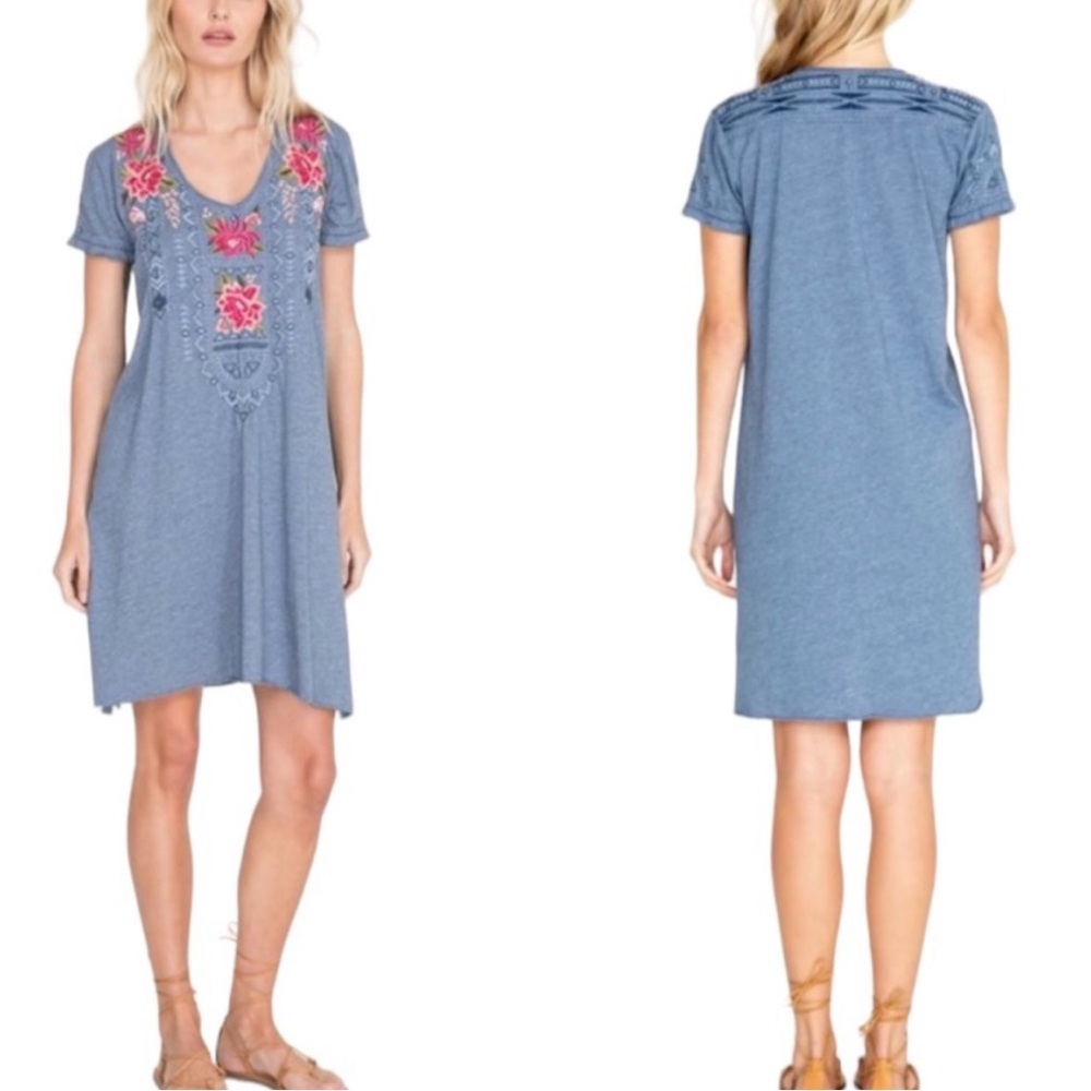 Johnny Was DAVIS DRAPE TUNIC DRESS Small Embroidered Blue Floral